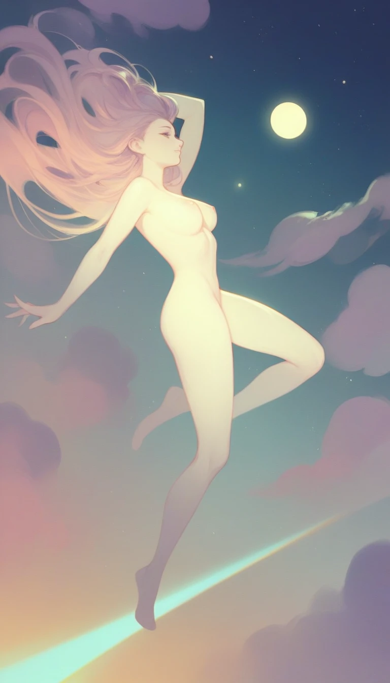 A beautiful design in vaporwave style, beautiful nude woman floating peacefully in a outer space with smoke trailing of into a surreal night sky, magical twinkling stars, glowing, simple background, full body, view from above, dynamic angle, dynamic lighti...