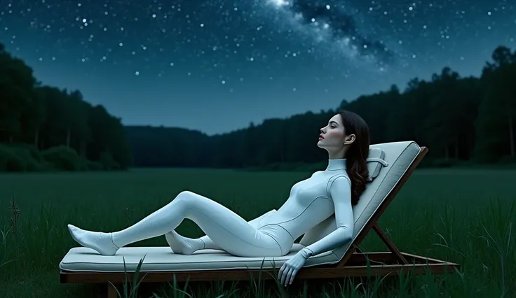 a woman in a white latex suit lies on a sun lounger looking into the starry sky at night in front of the forest, in a green meadow