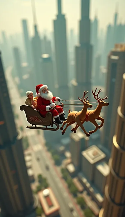 the smallest Santa Claus sleigh ever flying over the small town of Dubai, tilt shift, analog photo, faded, low contrast