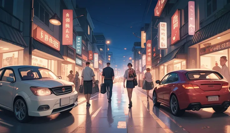 A street at night,  with a container full of garbage ,  a parked car ,  people sitting and others walking ,  very futuristic , Japanese style ,  with a lot of garbage on the floor and smoke coming out of the sewers