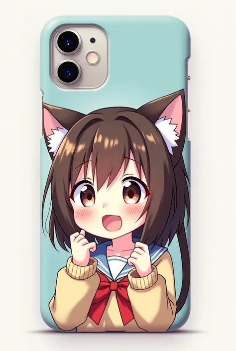  Photorealistic 、 Japanese anime characters drawn on them(Chibi Girl、smile、Cat ears、 colorful 、whole body、Comical pose)Smartphone case with Japanese anime characters drawn on it 