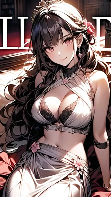 Adult Woman,  Lori face, (masutepiece:1.2, Best Quality), (finely detailed beautiful eye: 1.2), (beautifull detailed face), (perky chest:1.2), (pointed chest:1.1), (bra magazine cover:1.5)，Long dark blonde wavy hair、her thin pubic hair, White and pink dres...