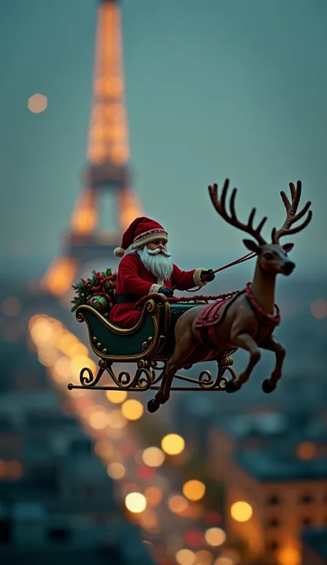 the smallest Santa Claus sleigh with his reindeer ever flying at night past the small Eiffel Tower in Paris, tilt shift, analog photo, faded, low contrast