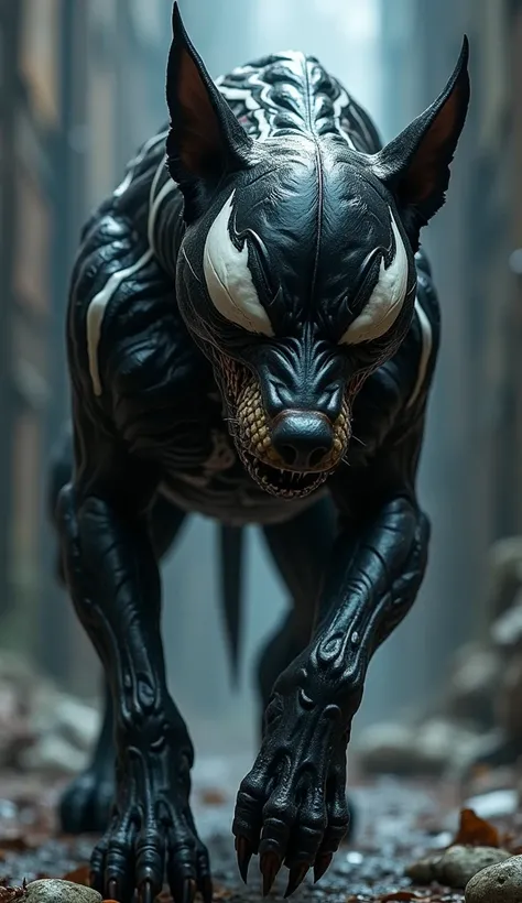 Venom + Dog. Venom And Dog Physically Combined And A New Hybrid Formed Venoms Big Eyes. Dogs Body,  Black Venom, (Big White Eyes), Venom Design, (Venoms Big Eyes), Venoms Detailed White Lines On Full Body, Realistic, High Detailed, Dark Place, Night