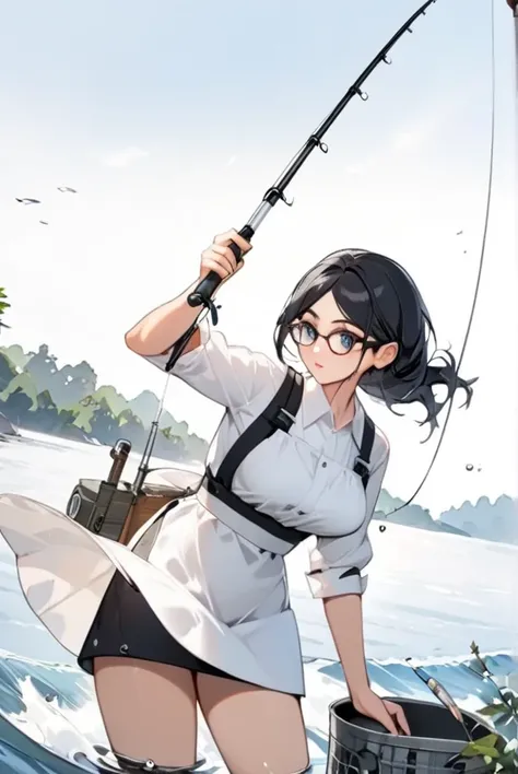 Black hair, beautiful eyes, black pupils, glasses, fishing woman,