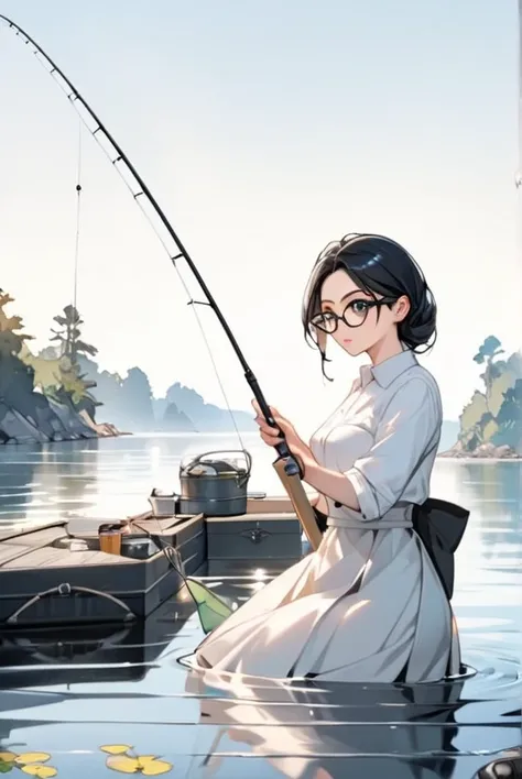 Black hair, beautiful eyes, black pupils, glasses, fishing woman,