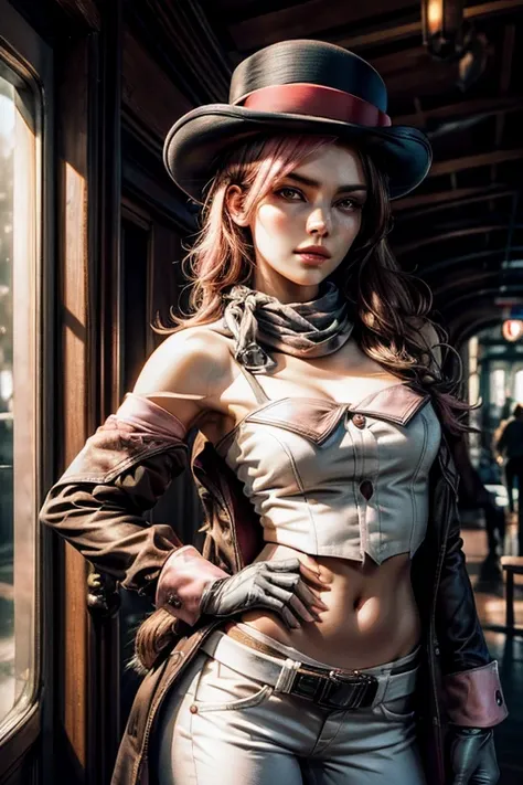 pink and brown hair, multicolored hair, neopolitanatlas, bowler hat, grey scarf, white gloves, white shirt, off-shoulder shirt, black sleeves, midriff, white belt, white pants, night, stars, standing inside ancient train station, crowd, cowboy shot, master...