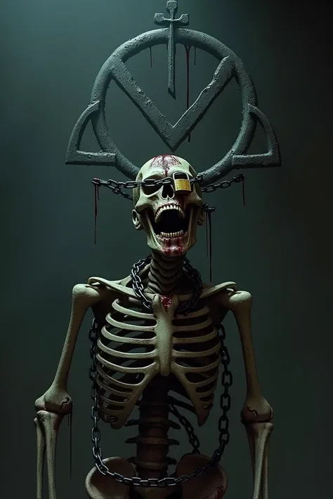  A skeletal, blind man standing on the deathly hallows (that are upside down ) ,  tied with chains and a padlock attached to their forehead, screaming and bleeding 