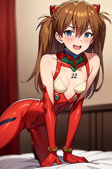 (( best quality)), ((masterpiece)), (be familiar with),  perfect face, indoor, bedroom,  viewer,
One woman,  Soryu Asuka Langley ,
 open mouth,  ecstatic expression with hands in front of body, blush, smile,
 small tits,  flat chested, Young girl, Lori,  s...