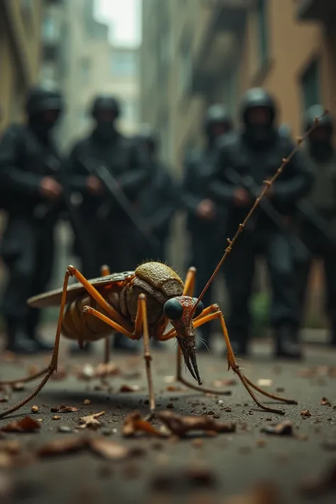 A mosquito napped and tied in front of gangsters in a gudown