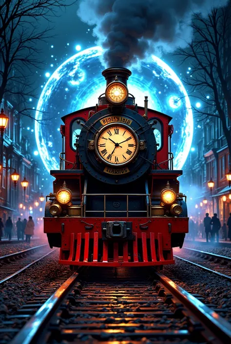 паровоз выходит из portalа.  the train has a clock on the front. portal, from which he comes out ,  is magical and the locomotive glows brightly .