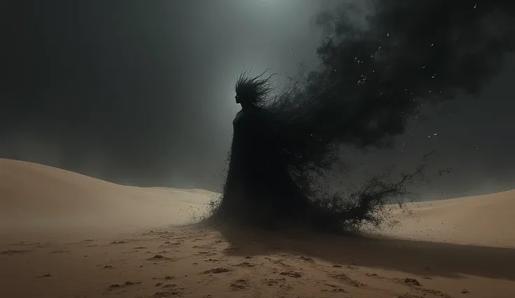 in a deserted desert, no one  ,  breaks out of the sand into the black flame 