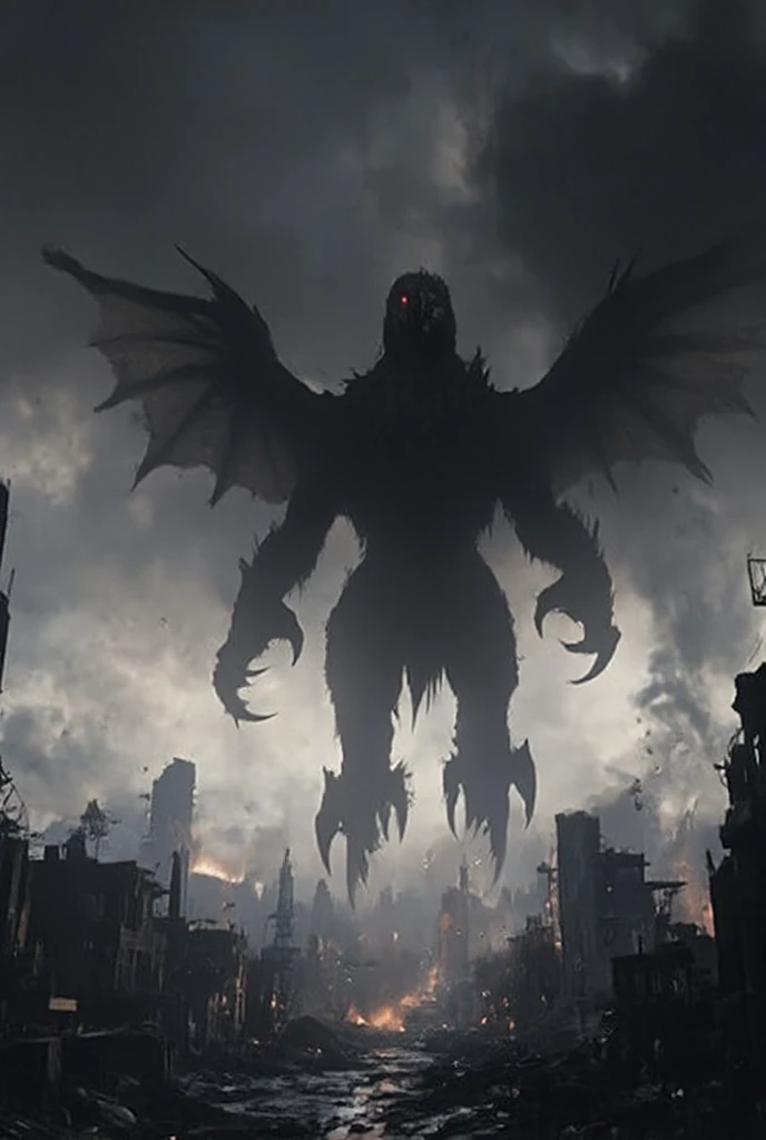 Stiletto, gigantic Flying Monster Bird Silhouette in dark sky, in shadow, Monster bird that is part demon and part bald eagle, scary, monstrous, cinematic, in destroyed city, smokey debris, flying above the ruined streets. 