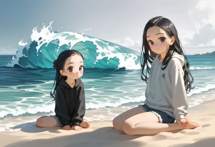 masterpiece,best quality,ultra-detailed,super detailed skin,perfect anatomy,detailed,beautiful detailed eyes,long hair,forehead,straight hair,black hair,black eyes,loli,petite,flat chest,Quiet beach, person sitting on the sand, watching the waves, wearing ...