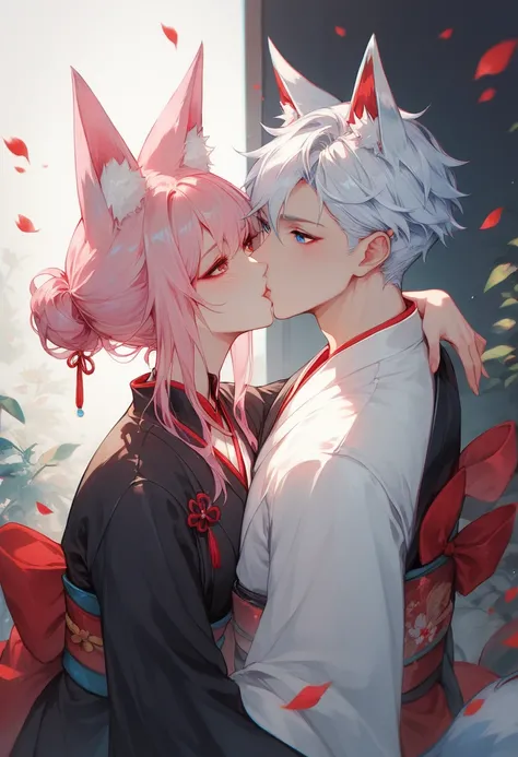 2 characters, ((First female, Long pink hair, Fox ears, Blue eyes)), White kimono with pink and blue accent, ((Second Male Short white hair, Fox ears, Red eyes)), Black Kimono with white accent, Kissing
