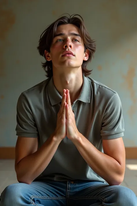 Young Christian
Reading the Bible 
Praying on my knees
white
Blue eyes
Shoulder-length hair
Polo shirt 
Jeans 
Eyes closed
Loose veins 