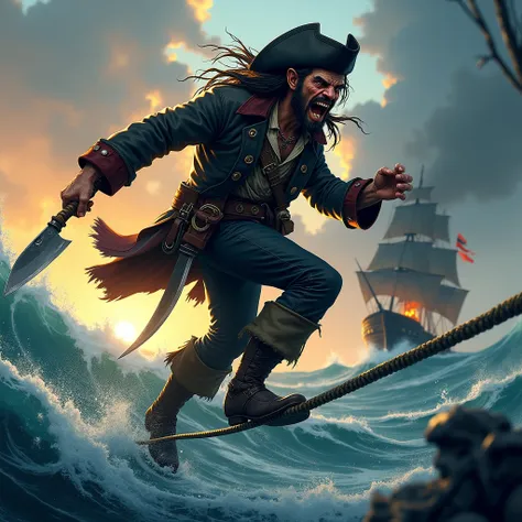 until,  digital illustration ,  highly detailed ,  tongue ,  an unrealistic illustration ,  digital painting ; a wild-looking, ill-faced pirate man ,  with a machete between its teeth ,  balancing on a rope while preparing to invade an enemy ship.  The tur...