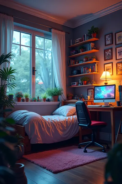 Create an image of a gamer room where you can see the bed and the empty wall