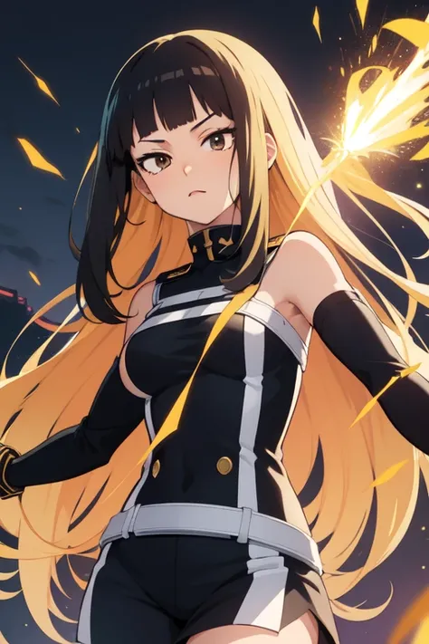 Create a 2D character from the anime Boku in Hero Academia,  dark and long and medium-straight hair (with bangs or without )  brown black eyes ,  with a personalized heroine outfit, black with yellowish details gold ,  a heroine garment good for moving, sh...