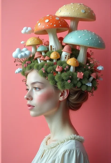  a surreal portrait of a woman with an elaborate hairstyle resembling a whimsical landscape. Her hair is adorned with various fantastical elements, including oversized, colorful mushrooms and floating clouds. Nestled within these elements are miniature str...