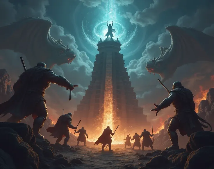 Image with dark background,   where you can see several gods from towers fighting various mythological creatures,    where the gods defend a wonder   ,   The rest is just a dark background   , Make it look epic   ,  a dark background brimming with magic   ...