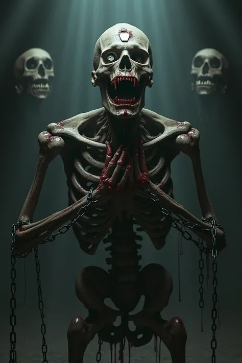  A skeletal, blind man standing on the deathly hallows (that are upside down ) ,  tied with chains and a padlock attached to their forehead, screaming and bleeding 