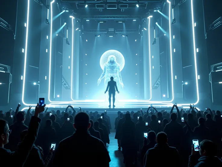 (It includes an image of a futuristic stage with a virtual singer performing in front of a crowd of fans with technological devices.)