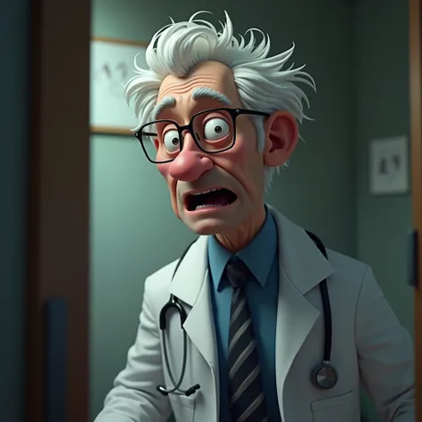 "A kind, elderly doctor with white hair, wearing a doctors coat. He is standing with his arms crossed, facing slightly to the side, but this time his expression is serious and startled, as if he has just encountered something alarming. His eyes are wide wi...