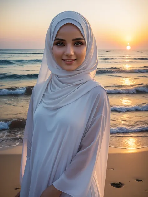 high quality, 8K Ultra HD,a young beautiful lady with a long islamic dress, pale skin , warm smile, beatuiful face ,wearing hijab , sunset coast should serve as the underlying backdrop, with its details incorporated into the goddess , crisp lines, The back...