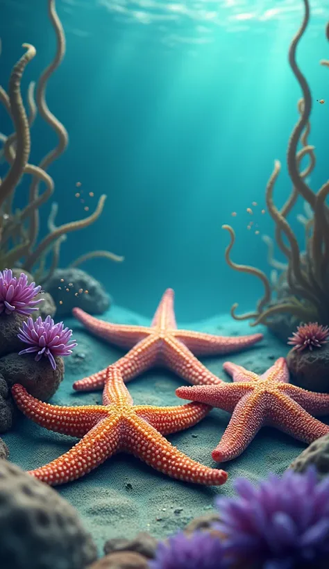 three starfish on the bottom of the colorful ocean with seaweed