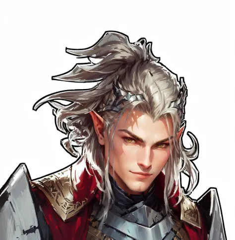 a drawing of a male character with a sword and armor, a portrait of a male elf, a male elf, casimir art, portrait of fin wildcloak, elven character with smirk, elven male, son of sparda, picture of a male cleric, silvery skinned male elf, male elf ranger, ...