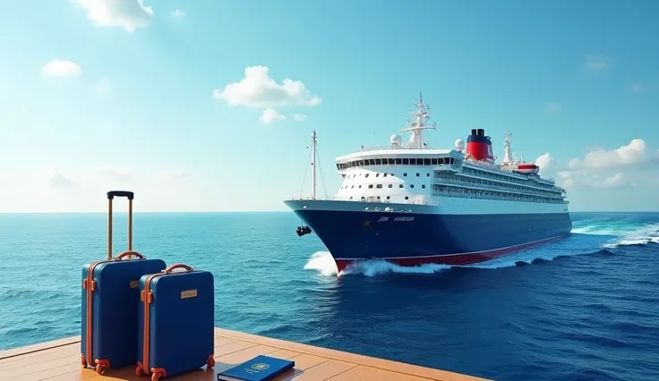  in a corner to create a beautiful photo of a transatlantic ship called GMC in the colors blue and white traveling around the world. In this image there must be a navy blue passport and suitcases .