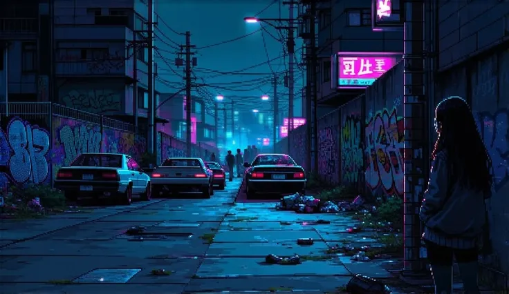 una ciudad de noche,  with several cars parked on the sidewalk, people walking ,  cyberpunk style ,  the walls full of graffiti , Japanese style ,  schoolgirls walking ,  garbage on the floor ,  streetlights with neon lights 