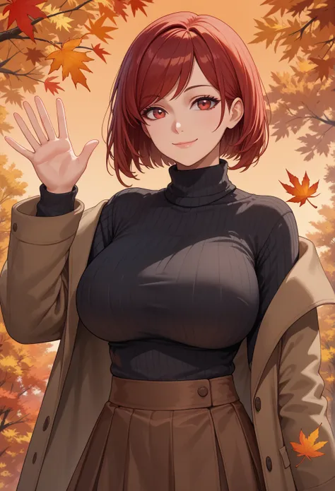 score_9, score_8_up, score_7_up,  1girl, autumn, autumn leaves, black sweater, bob cut, breasts, brown coat, brown skirt, closed mouth, coat, large breasts, leaf, leaf background, long sleeves, looking at viewer, medium hair, off shoulder, orange backgroun...