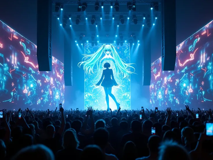 ( Includes an image of a live concert with Hatsune Miku,  a virtual singer projected in 3D , performing before a crowd .)