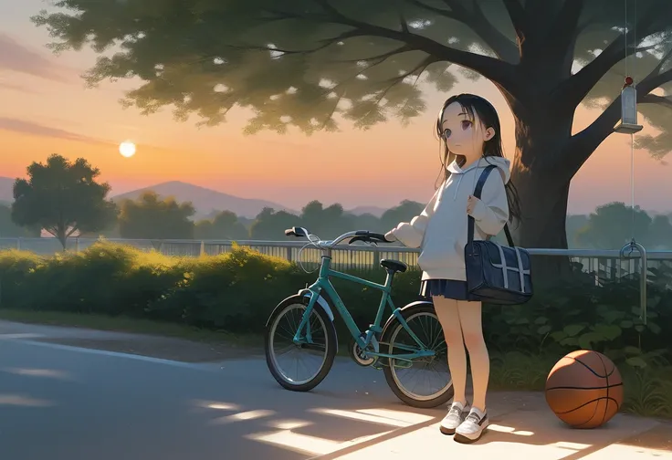 masterpiece,best quality,ultra-detailed,super detailed skin,perfect anatomy,detailed,beautiful detailed eyes,long hair,forehead,straight hair,black hair,black eyes,loli,petite,flat chest,
Empty schoolyard at sunset, bicycle parked near a tree, schoolbag re...