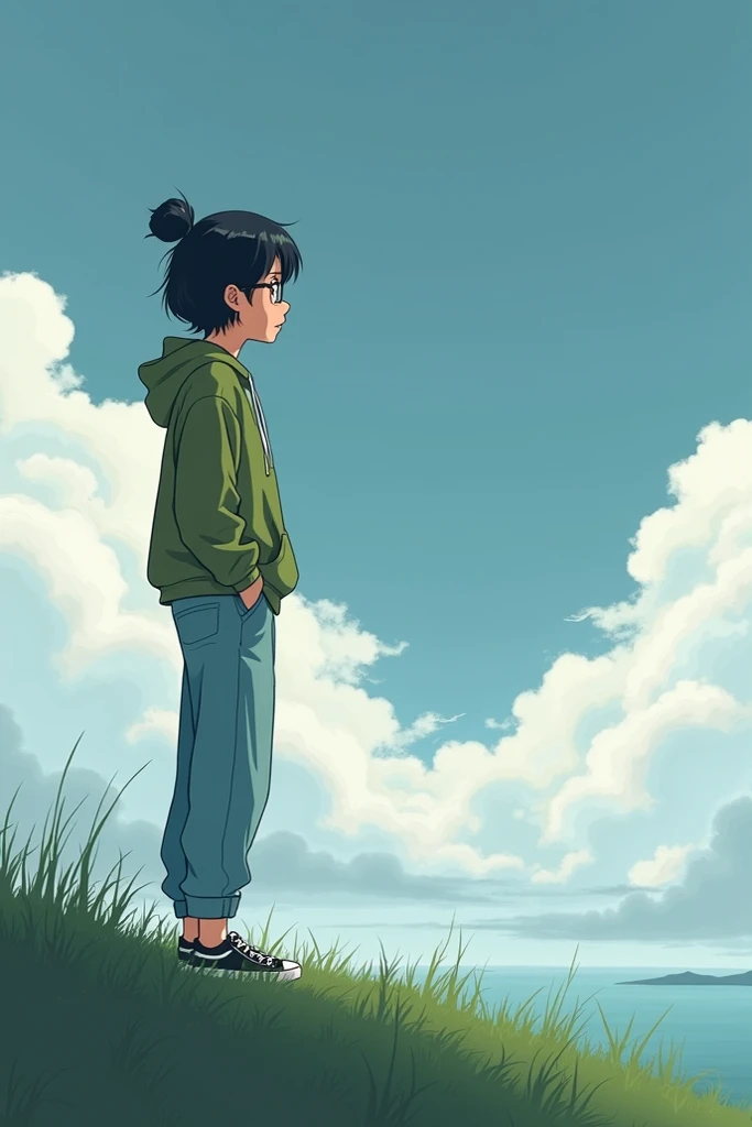 Beautiful woman with black hair tied in a tomato style, glasses with a slightly large round frame, wearing an olive green hoodie and light blue baggy jeans and sneakers, Japanese anime clip art style, with simple lines, smooth images, standing on a hill an...