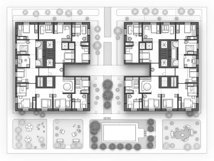 " Generate detailed 2D architectural plans of a multifamily residential building .  Plans should include 4 to 5 floors ,  each with modern apartment designs with clear divisions for living rooms , Bedrooms, kitchens and bathrooms .  Include a ground floor ...