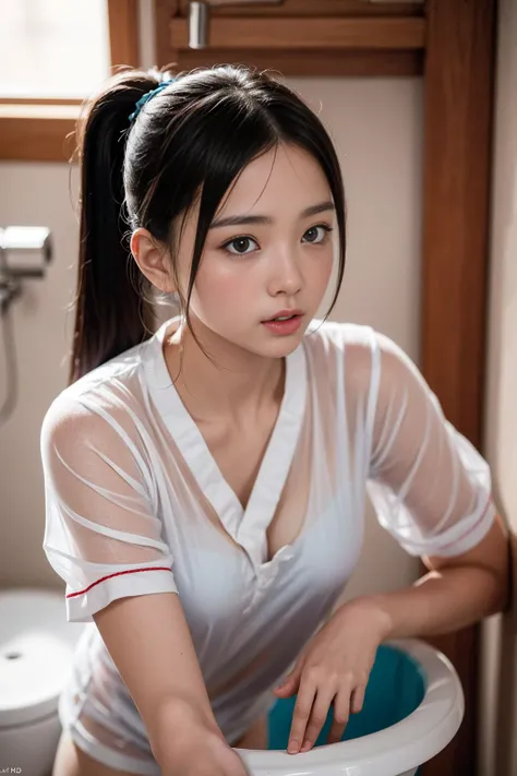 a beautiful japanese schoolgirl with ponytail hair, realistic skin, realistic sweat, realistically surprised expression, urinating in traditional japanese toilet, wearing lovely cute see-through pajamas, (best quality,4k,8k,highres,masterpiece:1.2),ultra-d...