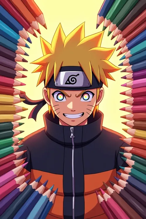 "An anime-style artwork featuring a close-up of a vibrant and iconic anime character with spiky hair, similar to Naruto Uzumaki. The character should have bright, glowing eyes and a confident smile, wearing a headband with a custom symbol. Surround the cen...