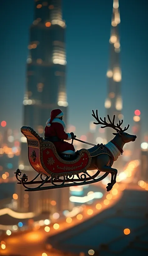 Santas smallest sleigh with his reindeer ever flying at night past the tiny Burj Khalifa in Dubai, tilt shift, analog photo, faded, low contrast