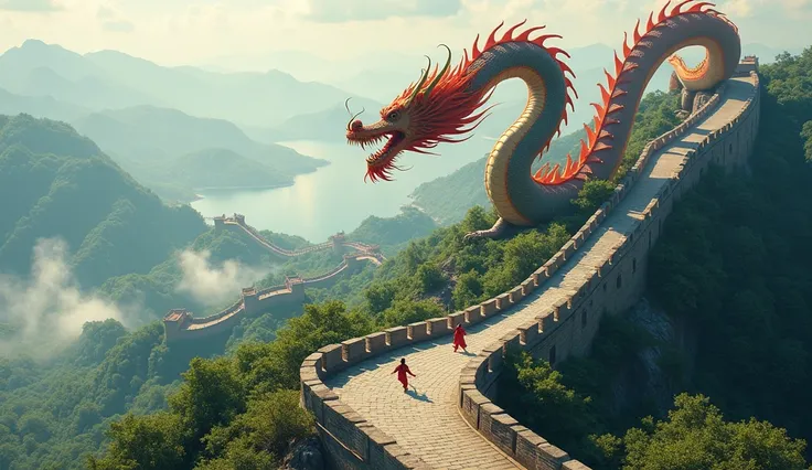  create a beautiful image with the beauties of China. Include the Wall of China ,  the Chinese dragon and kung fu 