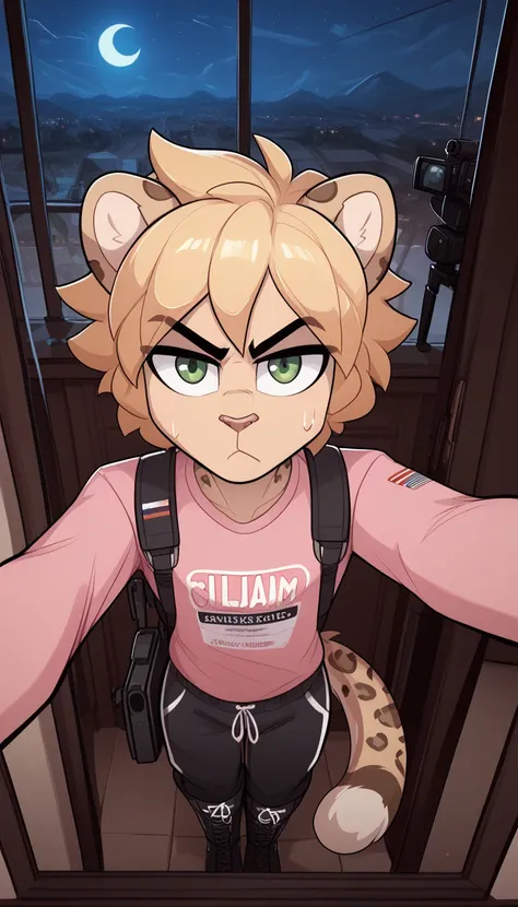 masterpiece, best quality, angry expression, 1 boy, anthropo, hair, fluffy hair, leopard boy, leopard ears, animal nose, eyes make up, green eyes, leopard tail, blonde hair (thigh high military boots for boy with black details), short hair, alone, (I was q...