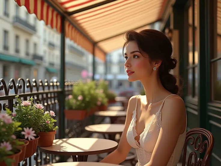  high quality ,  8k Ultra HD, A beautiful made-up lady Tomondo Café in Paris