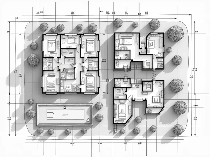 only lines of planes, " Generate detailed 2D architectural plans of a multifamily residential building .  Plans should include 4 to 5 floors ,  each with modern apartment designs with clear divisions for living rooms , Bedrooms, kitchens and bathrooms .  I...