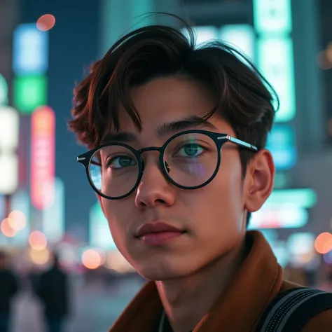 A guy aged 19 ,  with glasses and brown hair and green blue eyes with Tokyo in the background