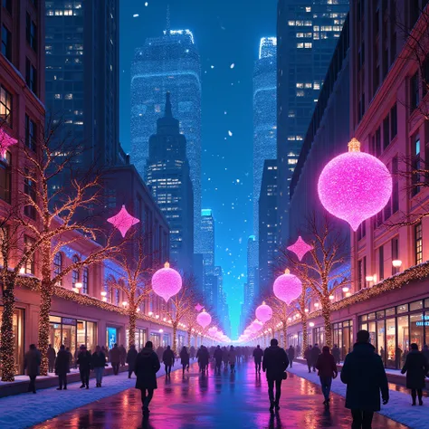 city with Christmas decorations and ornaments with blue and magenta neon lights