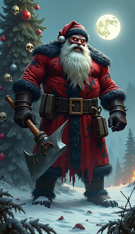 A terrifying and warrior-like Santa Claus character, designed with a dark and menacing appearance. He wears a tattered, blood-red Santa suit with blackened fur trims, and his face is scarred with glowing red eyes and an evil grin. His massive frame is musc...