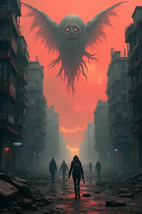 a ruined futuristic city ,  with destroyed buildings and abandoned machines .  Ports floating in the sky unleash grotesque creatures with alien and monstrous forms. Survivors wander amidst debris ,  while the sky is dyed red and black .