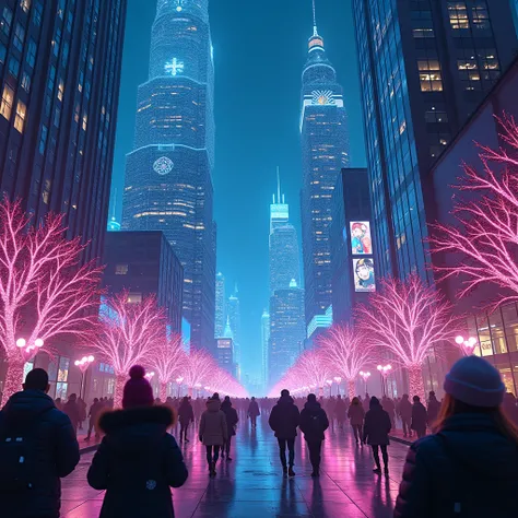 city with Christmas decoration with blue and magenta neon lights